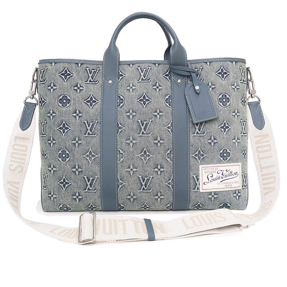 Louis Vuitton Weekend Tote NM Bag Shoulder Monogram Wash Denim Leather Blue